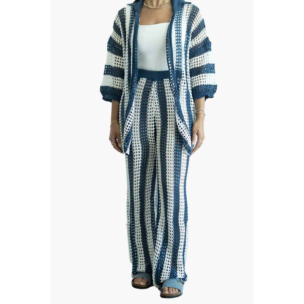 NEW LITTLE TRENDY cover up button up tops with pants crochet set in navy